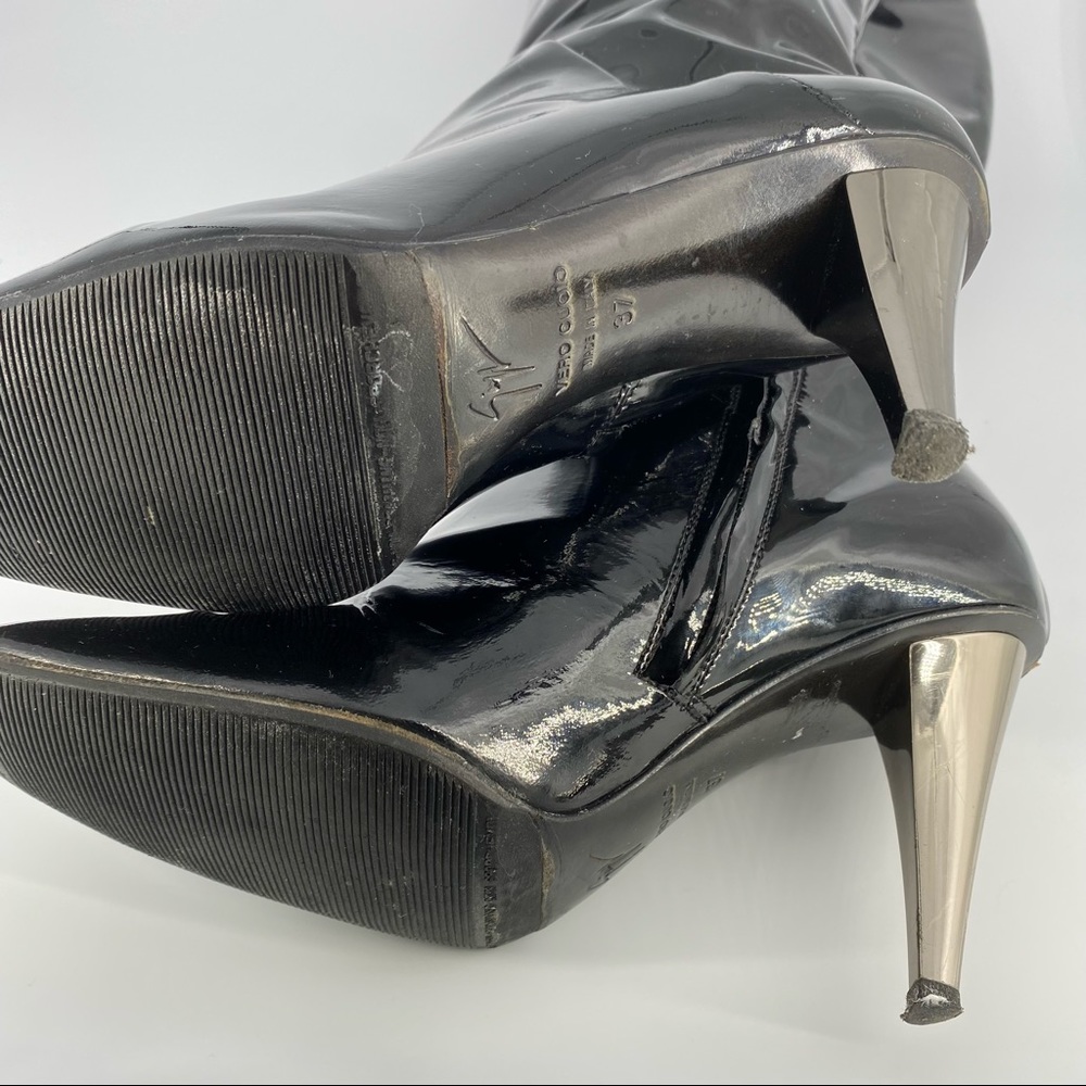 Giuseppe Zanoti Black Tall Patent Leather Boots with Metallic Heel Size 37 - Picture 9 of 11
